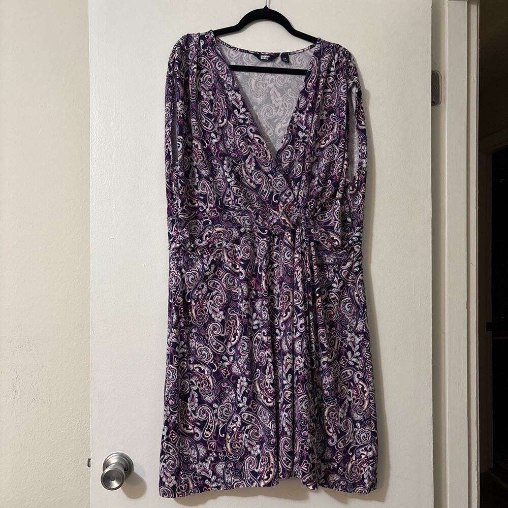 Lands End Dress 3X Sleeveless V-Neck MidiPurple Paisley Print Knotted Waist EUC
